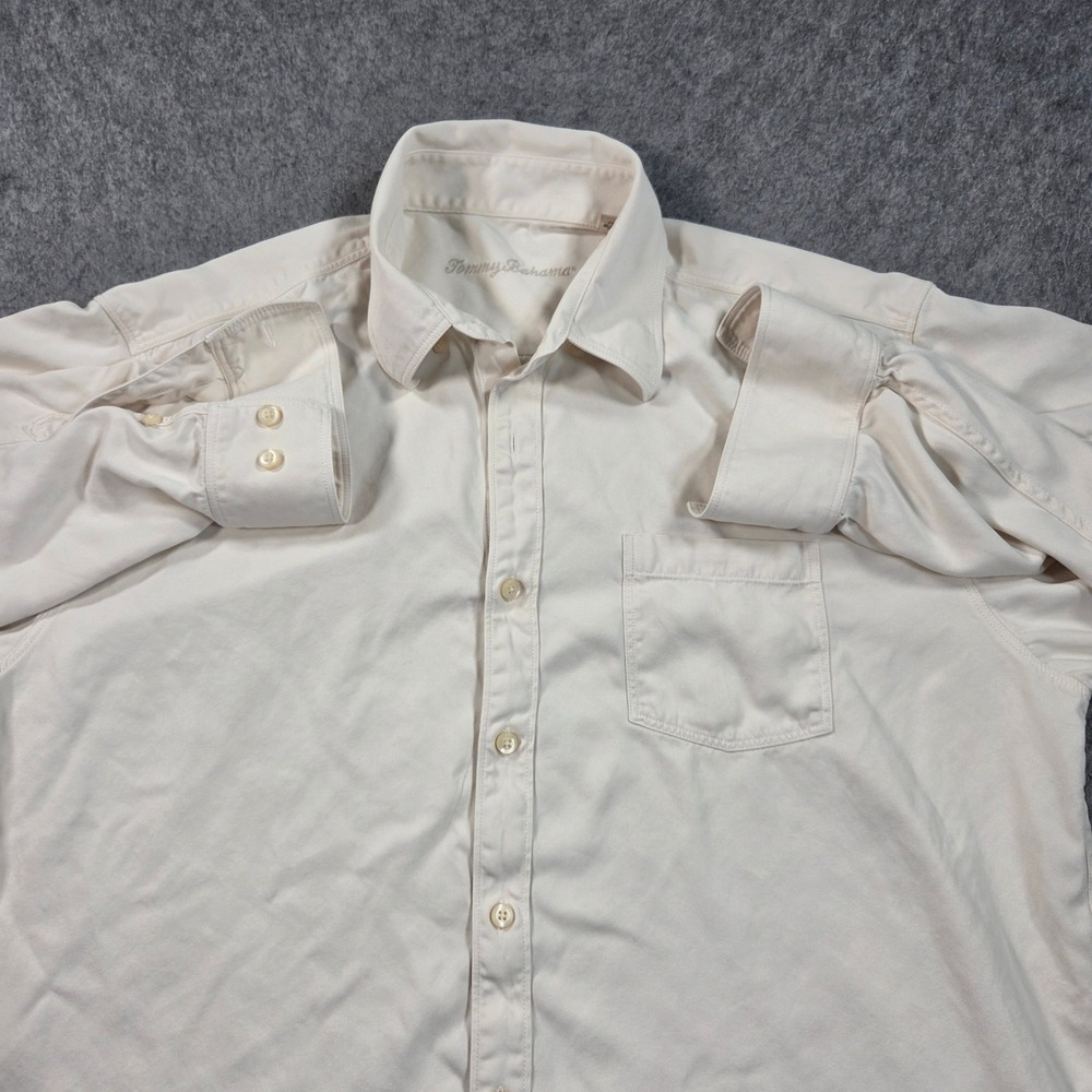 Tommy Bahama Shirt Mens XL Cream 100% Silk Long Sleeve Button Down Pocket Solid